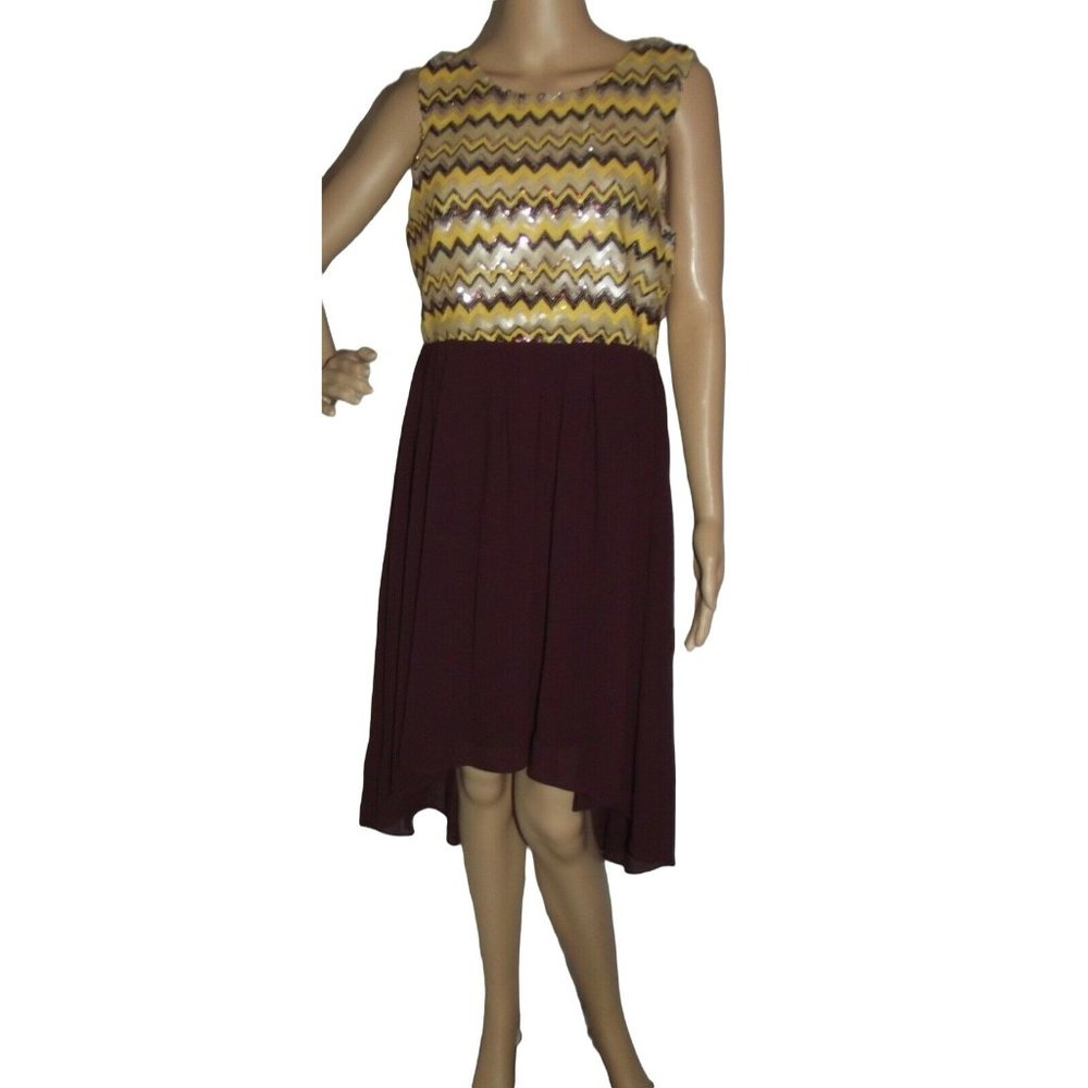 Pink Owl Apparel Large Burgundy Yellow Sleeveless Sequin Hi Lo Party Dress l